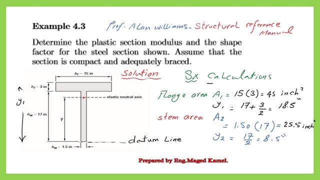 Solved problem 4-3, how to determine Zx, and the shape factor for the steel T section?