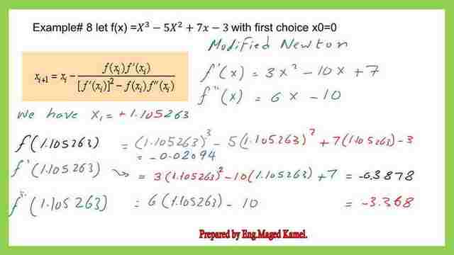 The detailed calculation of how to get the value of x2 for the solved problem #8 from an esmated x1 value.
