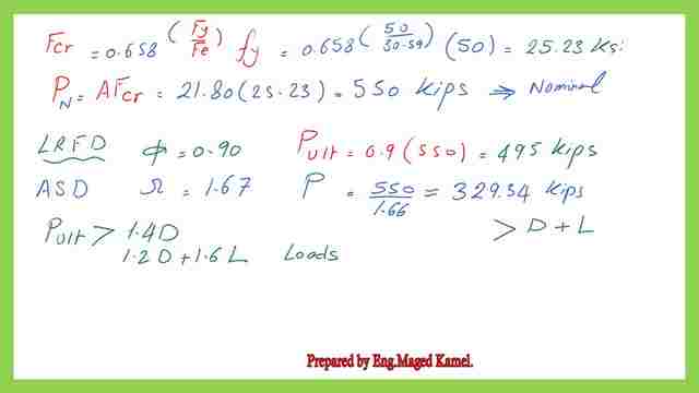 Compressive stress and LRFD and ASD values for the given column solved problem 4-20.