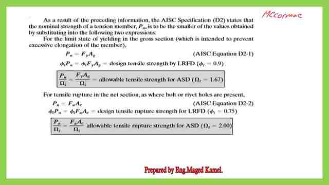 Tension design strength formulas for tension members.